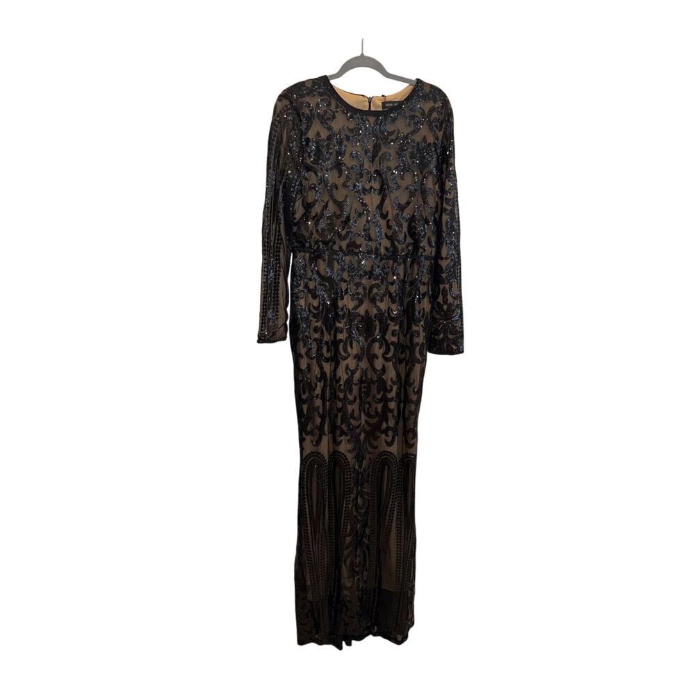 MISS ORD Women’s M Black Sequin Mesh Maxi Dress Nude Lined Formal Evening Gown